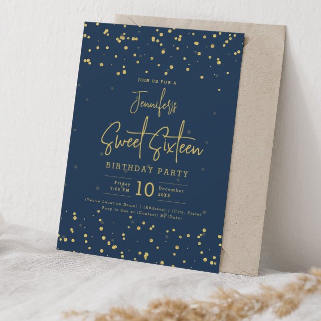 Invitación Relieve metalizado Glam Gold Faux Dots Sweet 16 Na (Glam Gold Faux Foil Dots Sweet 16 Navy Blue Invitation)