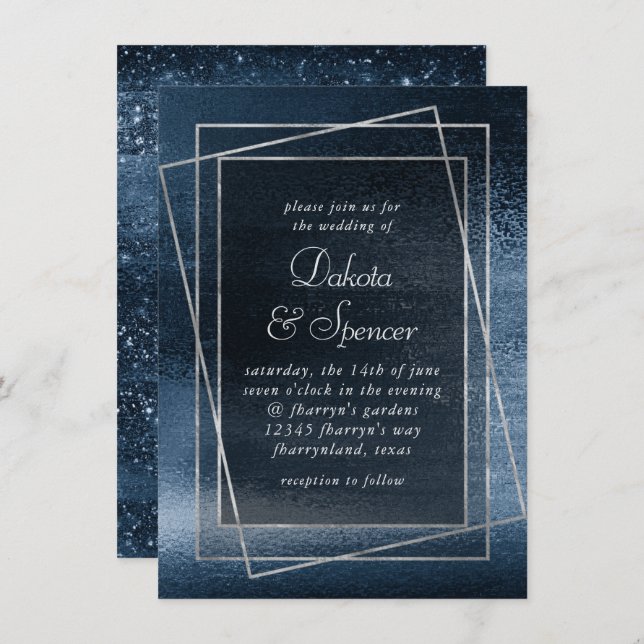 Invitación Relieve metalizado Glitzy | Boda metálico de Navy  (Anverso / Reverso)