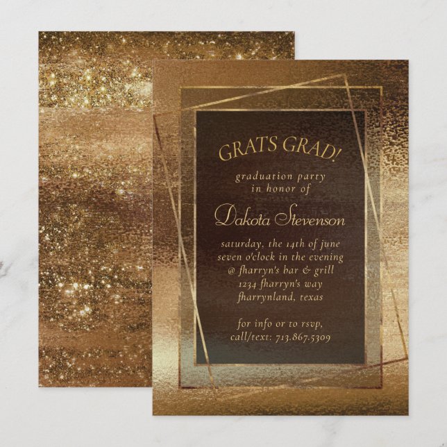 Invitación Relieve metalizado Glitzy | Graduación del Glam de (Anverso / Reverso)