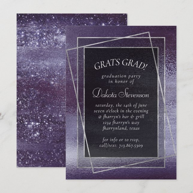 Invitación Relieve metalizado Glitzy | Graduación púrpura índ (Anverso / Reverso)