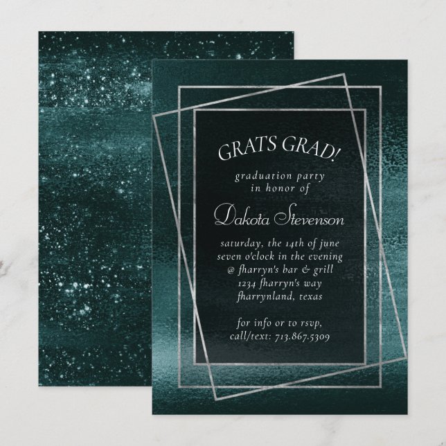 Invitación Relieve metalizado Glitzy | Graduación Verde azula (Anverso / Reverso)
