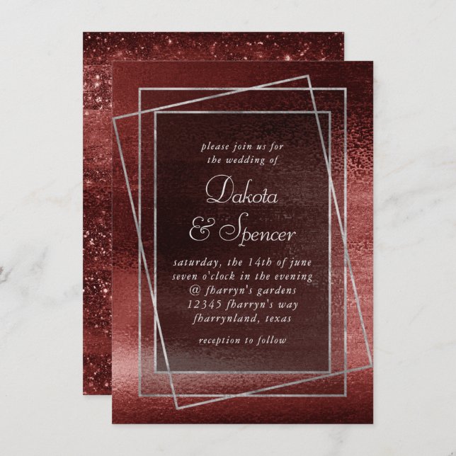 Invitación Relieve metalizado Glitzy | Henna Crimson Red Faux (Anverso / Reverso)