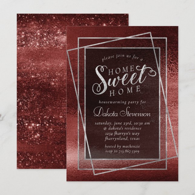 Invitación Relieve metalizado Glitzy | Henna Crimson Red Glam (Anverso / Reverso)