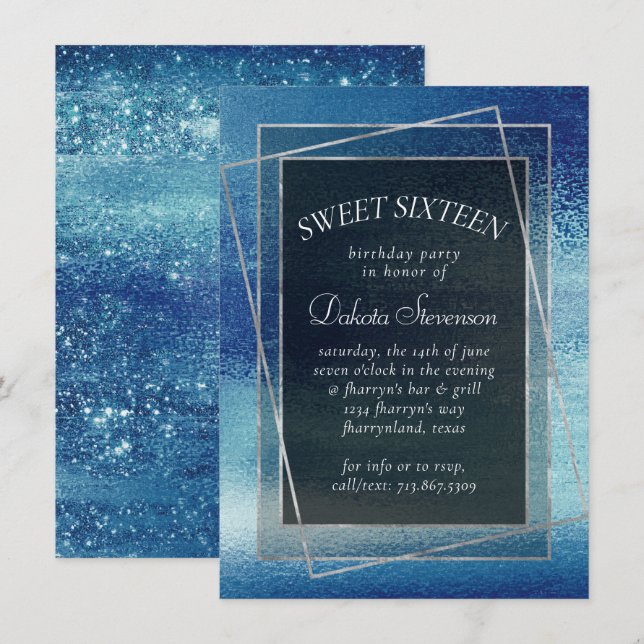 Invitación Relieve metalizado Glitzy | Hielo Azul Faux Riopel (Anverso / Reverso)