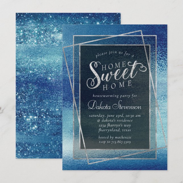 Invitación Relieve metalizado Glitzy | Ice Azul Iridescente C (Anverso / Reverso)