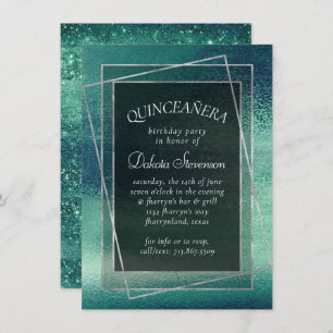 Invitación Relieve metalizado Glitzy   Quinceanera verde irla