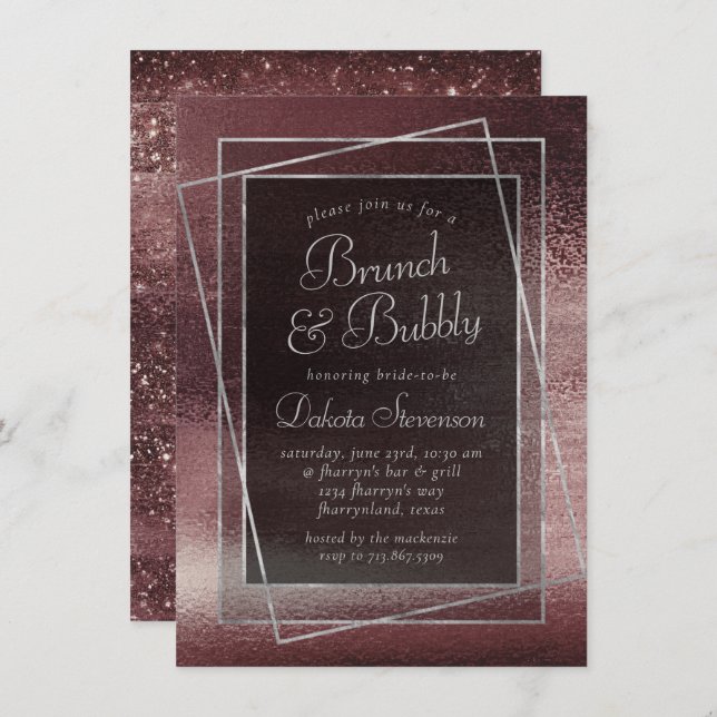 Invitación Relieve metalizado Glitzy | Rosa Rubor Glam Bubbly (Anverso / Reverso)