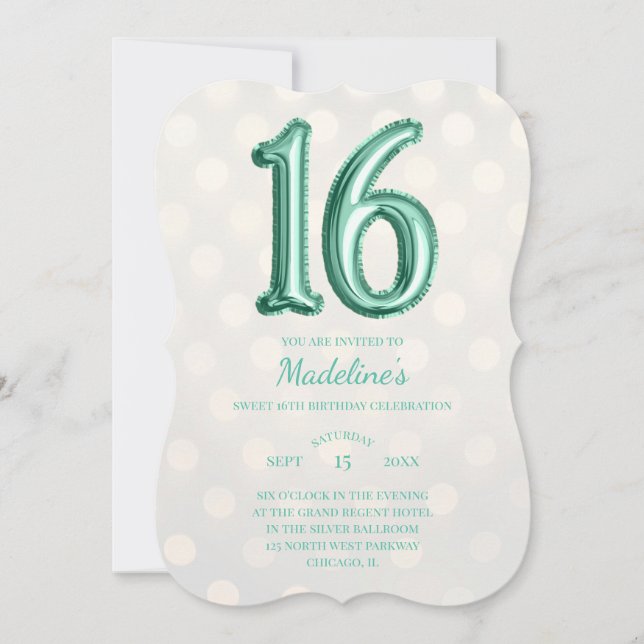 Invitación Relieve metalizado Gold Bokeh Mint Green Faux 16 c (Anverso)