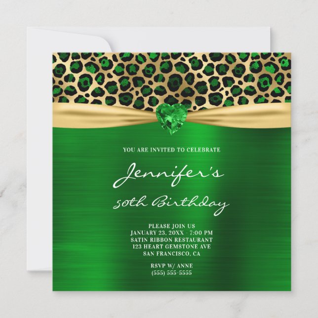 Invitación Relieve metalizado Green Gold Leopard Gem Heart 50 (Anverso)