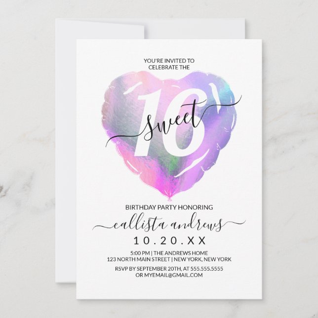 Invitación Relieve metalizado Holográfico blanco Balón de cor (Anverso)