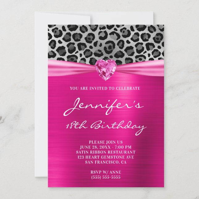 Invitación Relieve metalizado Hot Pink and Silver Leopard 18  (Anverso)
