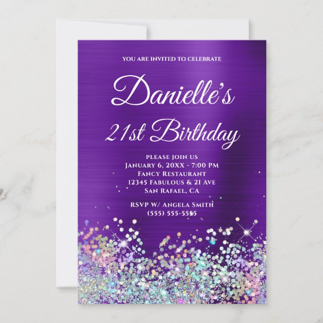 Invitación Relieve metalizado índigo morado Holo Purpurina 21 (Anverso)