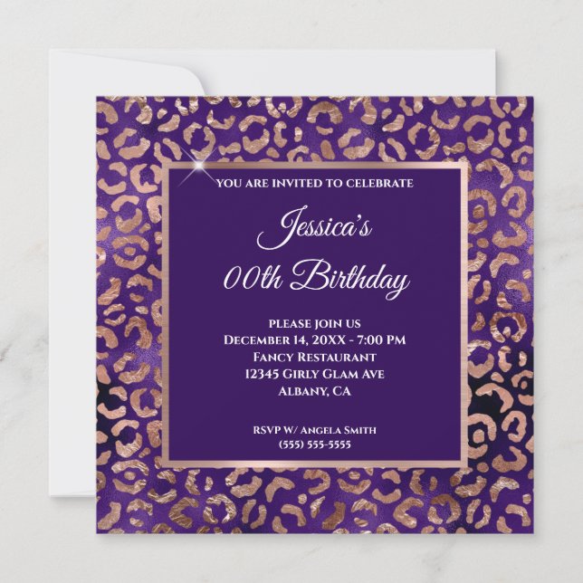 Invitación Relieve metalizado Indigo Purple y Rosa Gold Leopa (Anverso)