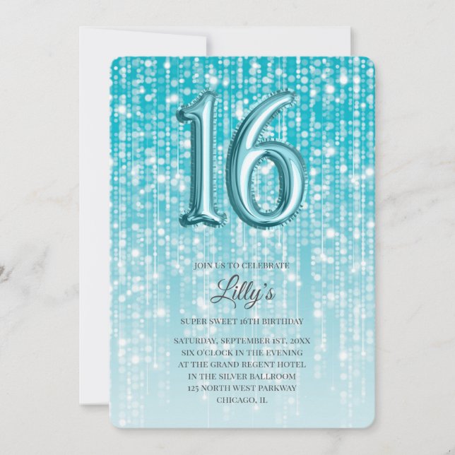 Invitación Relieve metalizado ligero Aqua Blue Twinkle 16 cum (Anverso)