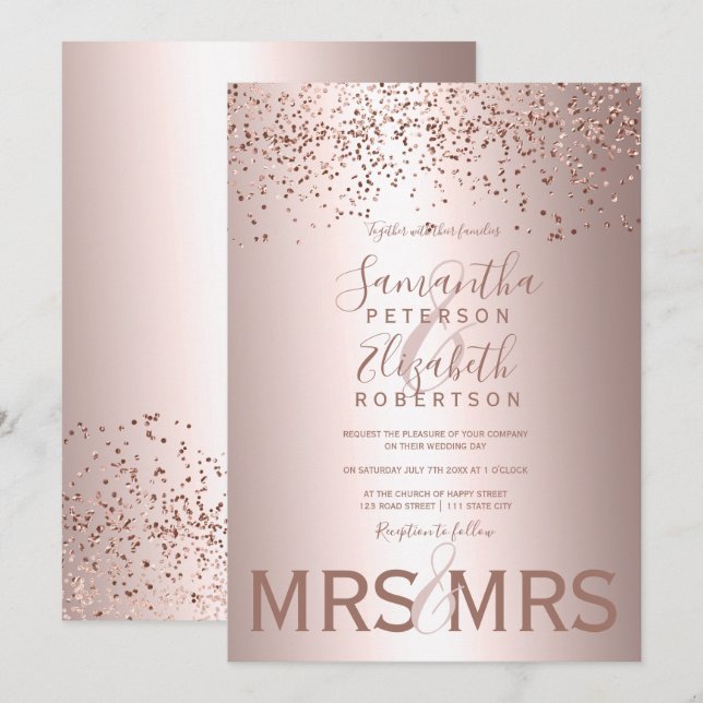 Invitación Relieve metalizado metálico de oro Rosa boda lesbi (Anverso / Reverso)