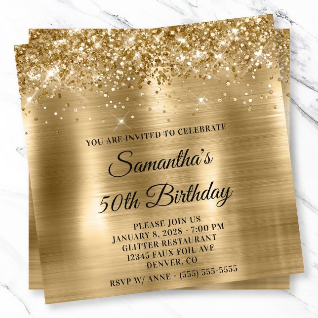 Invitación Relieve metalizado Metálico Oro Purpurinoso Mira 5 (Glittery Gold Metallic Foil Look 50th Birthday Invitation)
