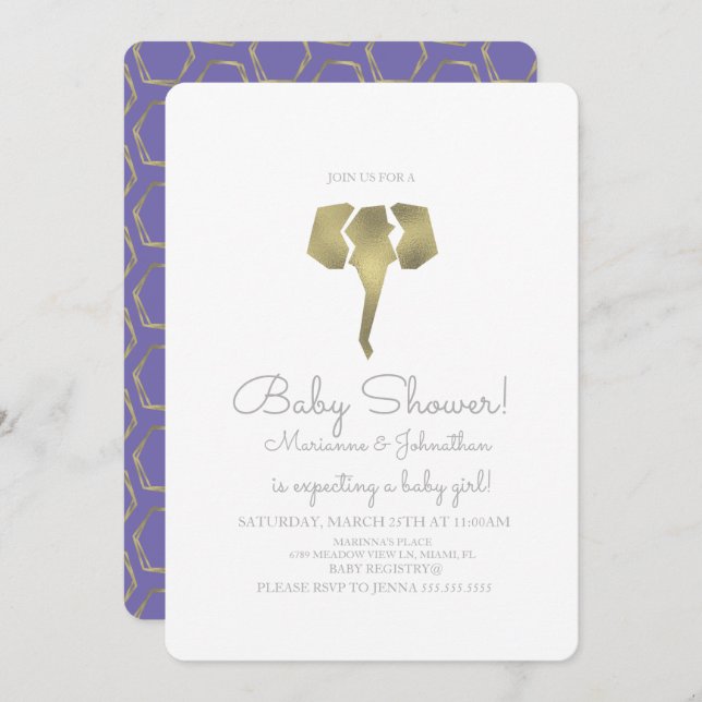 Invitación Relieve metalizado minimalista Boho Elephant Baby  (Anverso / Reverso)