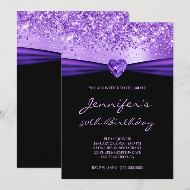 Invitación Relieve metalizado morado Purpurina Gem Heart 50 c (Anverso / Reverso)