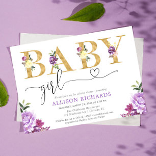 Invitación Relieve metalizado morado y dorado falso Chica flo