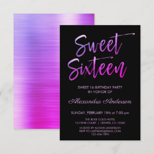 Invitación Relieve metalizado morado y dulce negro Dieciséis