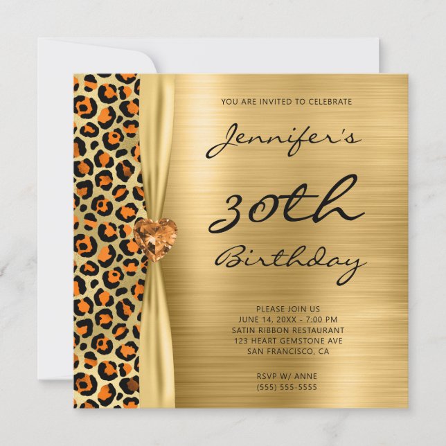 Invitación Relieve metalizado naranja Gold Leopard Gem Ribbon (Anverso)