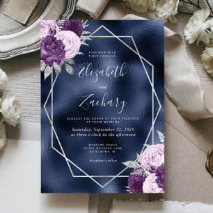 Invitación Relieve metalizado Naval Lilac Boda Floral Morado 