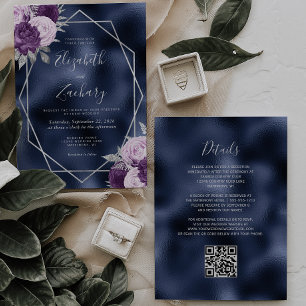Invitación Relieve metalizado Naval Lilac Plata Floral QR Bod