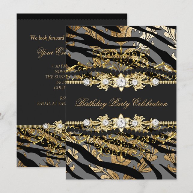Invitación Relieve metalizado negro zebra Damask  beige Fiest (Anverso / Reverso)