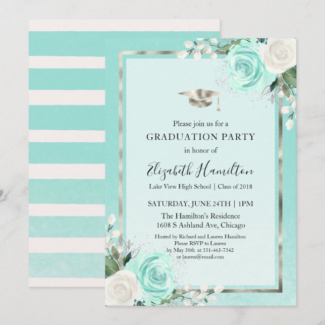 Invitación Relieve metalizado Plata y fiesta Verde azulada de (Anverso / Reverso)
