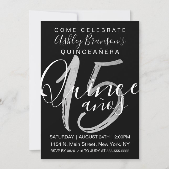 Invitación Relieve metalizado plateado blanco negro alegre Qu (Anverso)