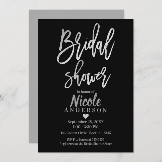 Invitación RELIEVE METALIZADO PLATEADO BRIDAL SHOWER y guión  (Anverso / Reverso)