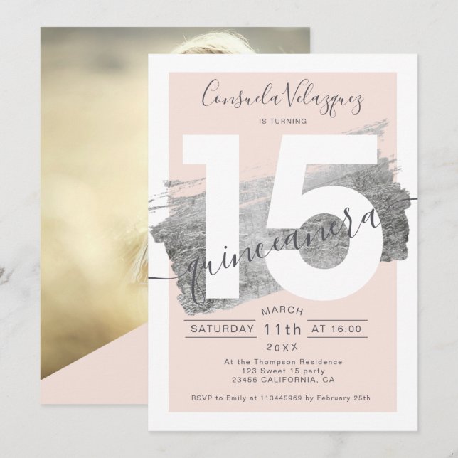 Invitación Relieve metalizado plateado brusco rubor quinceañe (Anverso / Reverso)