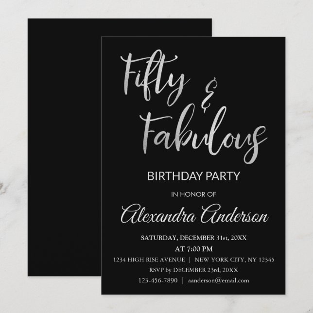 Invitación Relieve metalizado plateado Cincuenta y Fabuloso (Anverso / Reverso)