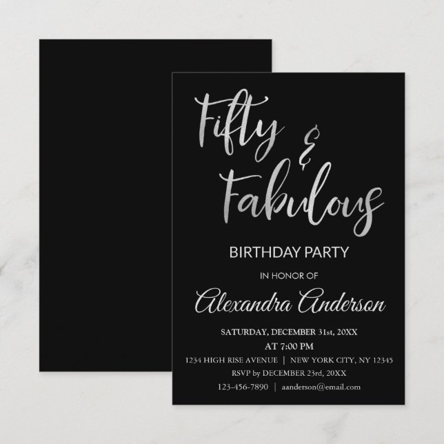 Invitación Relieve metalizado plateado Cincuenta y Fabuloso (Anverso / Reverso)