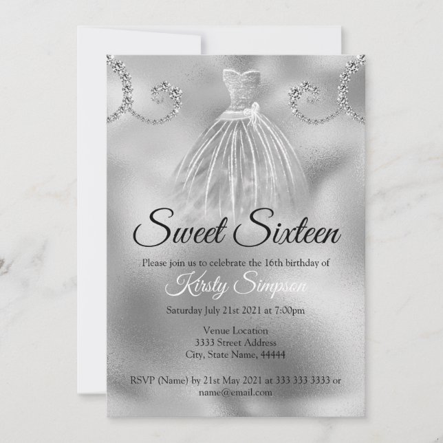 Invitación Relieve metalizado plateado de moda Diamantes Dulc (Anverso)