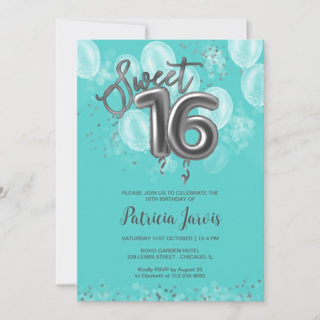 Invitación Relieve metalizado plateado dulce 16 Fiesta de los (Anverso)