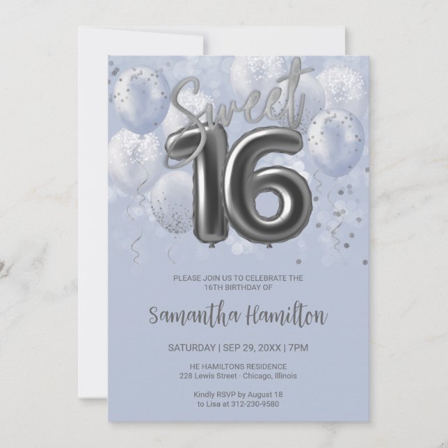 Invitación Relieve metalizado plateado dulce 16 globos de cum (Anverso)