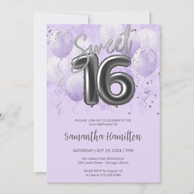 Invitación Relieve metalizado plateado dulce 16 Globos de cum (Anverso)