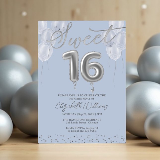 Invitación Relieve metalizado plateado dulce 16 globos de cum (Subido por el creador)