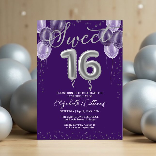 Invitación Relieve metalizado plateado dulce 16 globos de cum (Subido por el creador)
