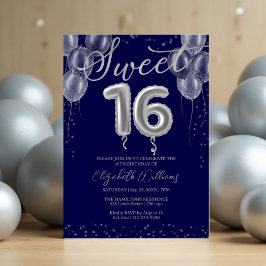 Invitación Relieve metalizado plateado dulce 16 globos de cum