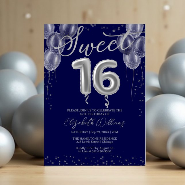 Invitación Relieve metalizado plateado dulce 16 globos de cum (Subido por el creador)