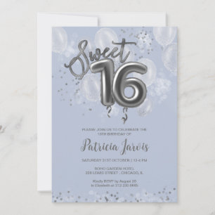 Invitación Relieve metalizado plateado dulce 16 globos Fiesta