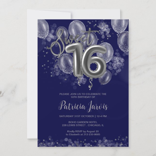 Invitación Relieve metalizado plateado dulce 16 globos Fiesta (Anverso)