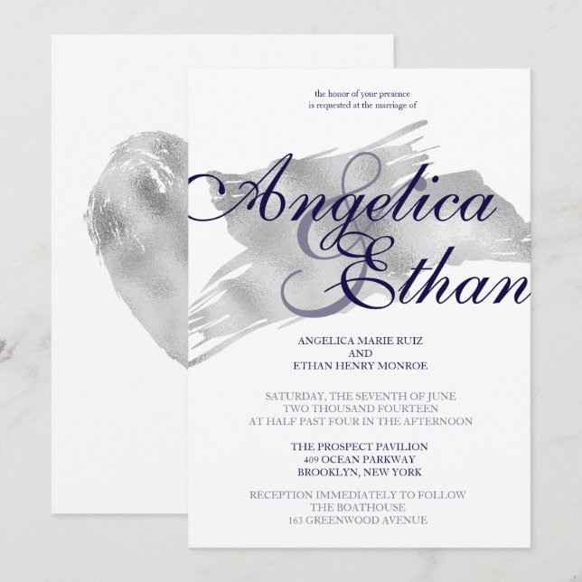 Invitación Relieve metalizado plateado falso, Boda moderno (Anverso / Reverso)
