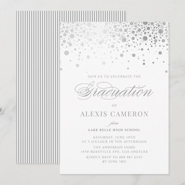 Invitación Relieve metalizado plateado falso Confetti Dots Gr (Anverso / Reverso)