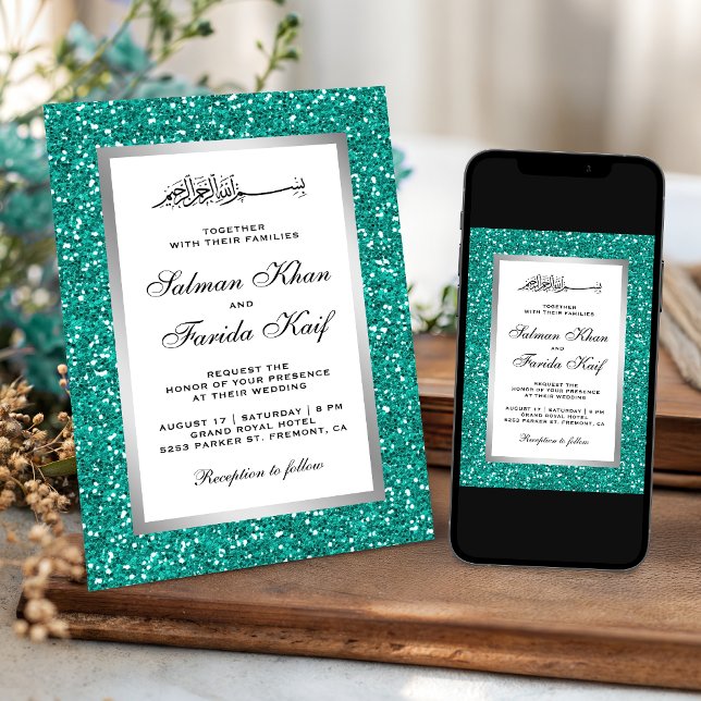 Invitación Relieve metalizado plateado falso Purpurina Verde  (Subido por el creador)