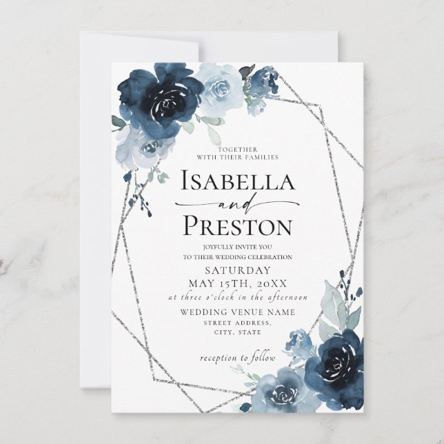 Invitación Relieve metalizado plateado  Floral de la Marina A (Anverso)