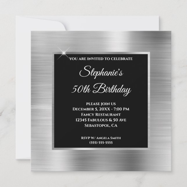 Invitación Relieve metalizado plateado Glam Black Overlay 50  (Anverso)