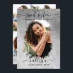 Invitación Relieve metalizado plateado Halo Collage de fotos<br><div class="desc">Esta invitación a tomar fotos de la fiesta de cumpleaños de 16 años, dulce y bonito, es perfecta para el chica moderno y elegante. Presenta un falso halo impreso de Relieve metalizado plateado sobre una gran foto y una elegante tipografía de escritura cursiva manuscrita. En la parte posterior se muestran...</div>